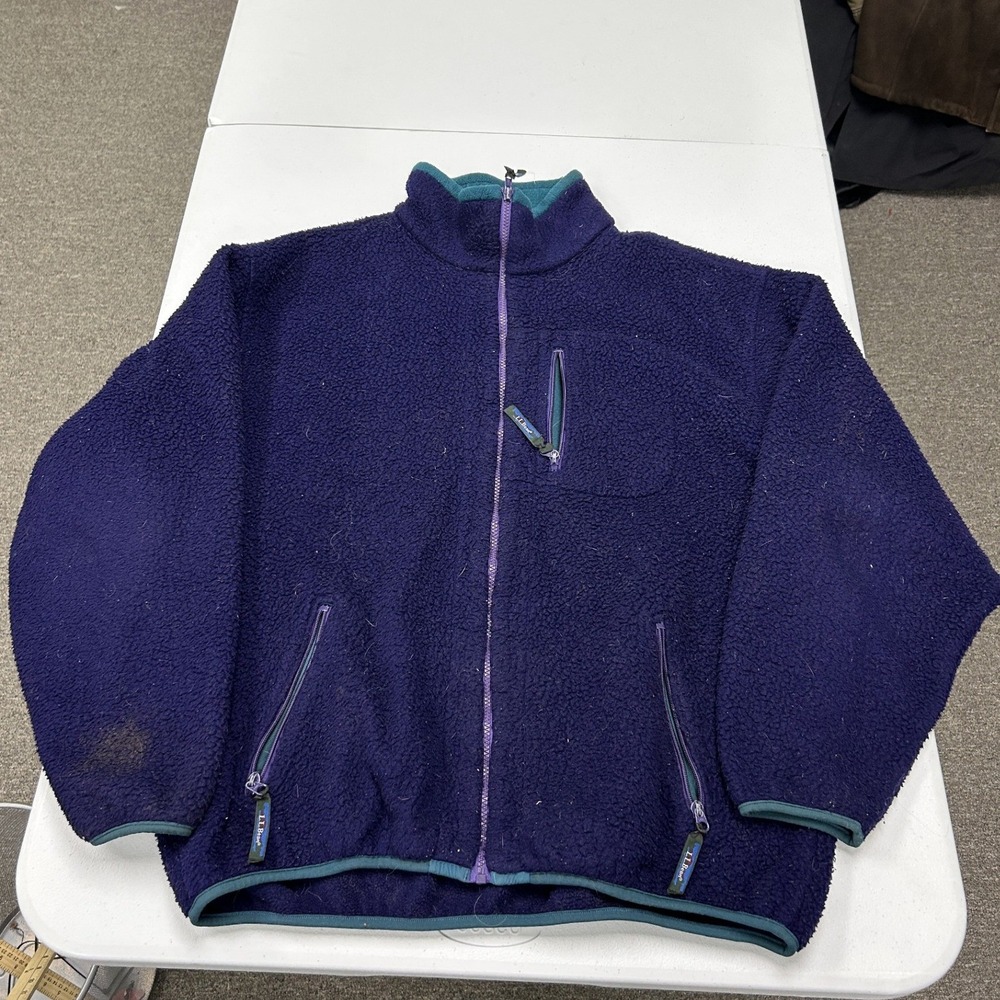 LL Bean Fleece Jacket Mens XL Purple Vintage Pile Full Zip Teal Trim Pocket